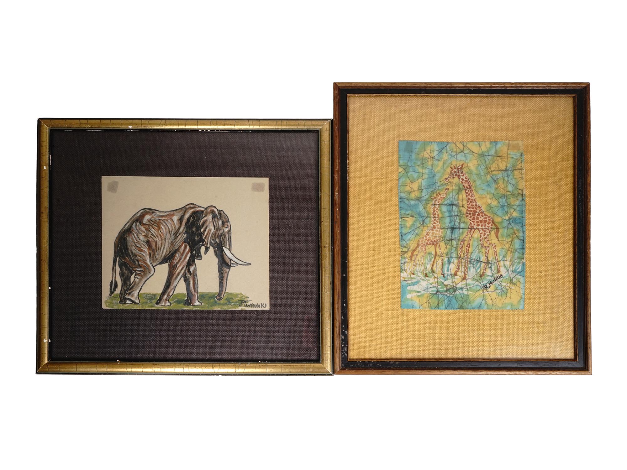 TWO FRAMED DRAWINGS ELEPHANT AND GIRAFFES SIGNED PIC-0